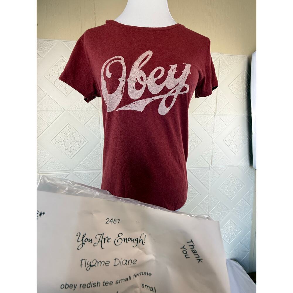 SKU2487 OBEY Women's Small Burnt Red Graphic Logo T-Shirt Made in USA - Picture 7 of 7